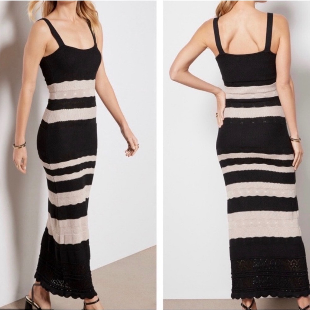 Evereve Correy Black Cream Striped Knit Maxi Dress Scoop Neck Sleeveless XS 690
